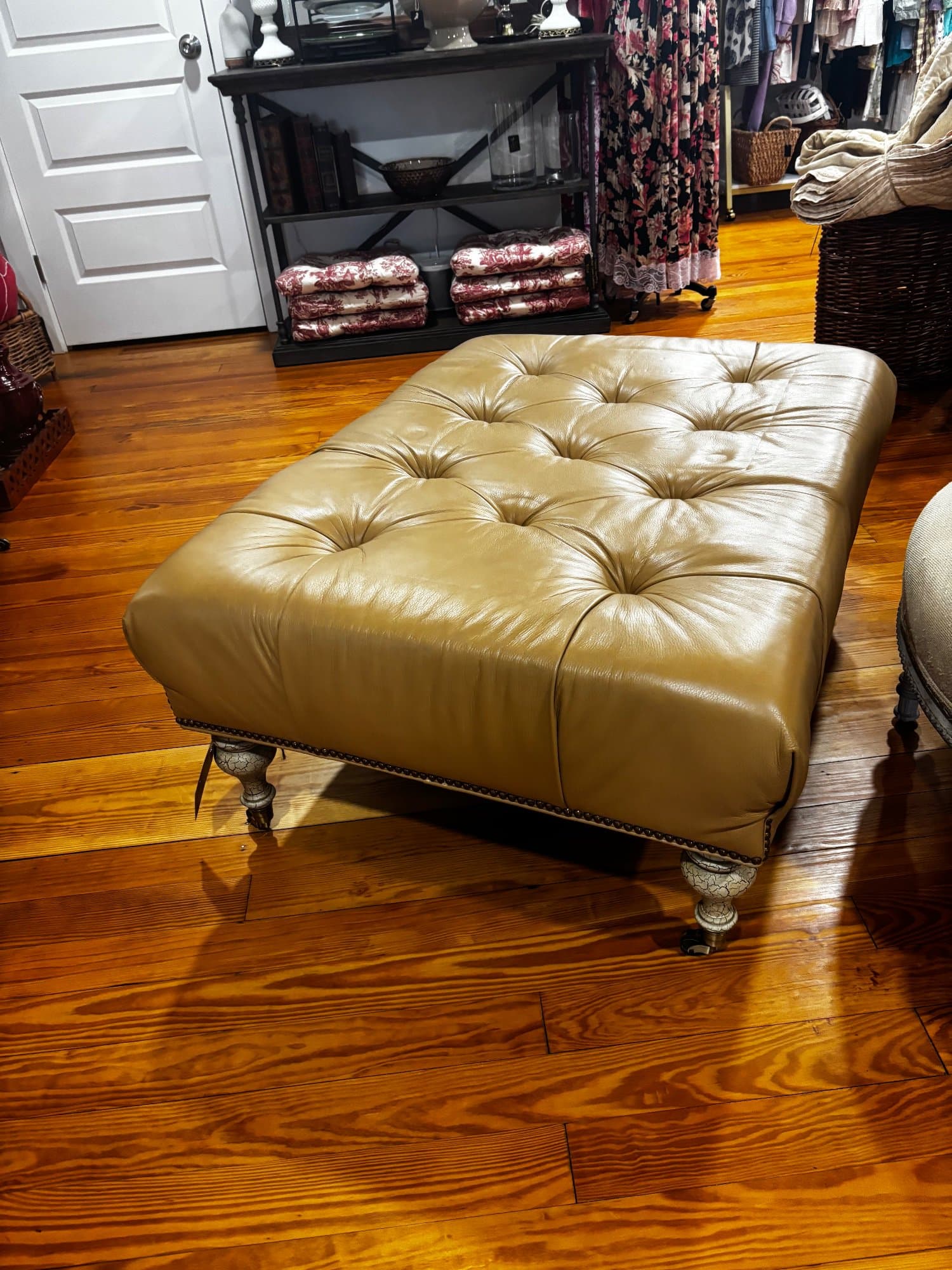 Gold Leather Tufted Ottoman